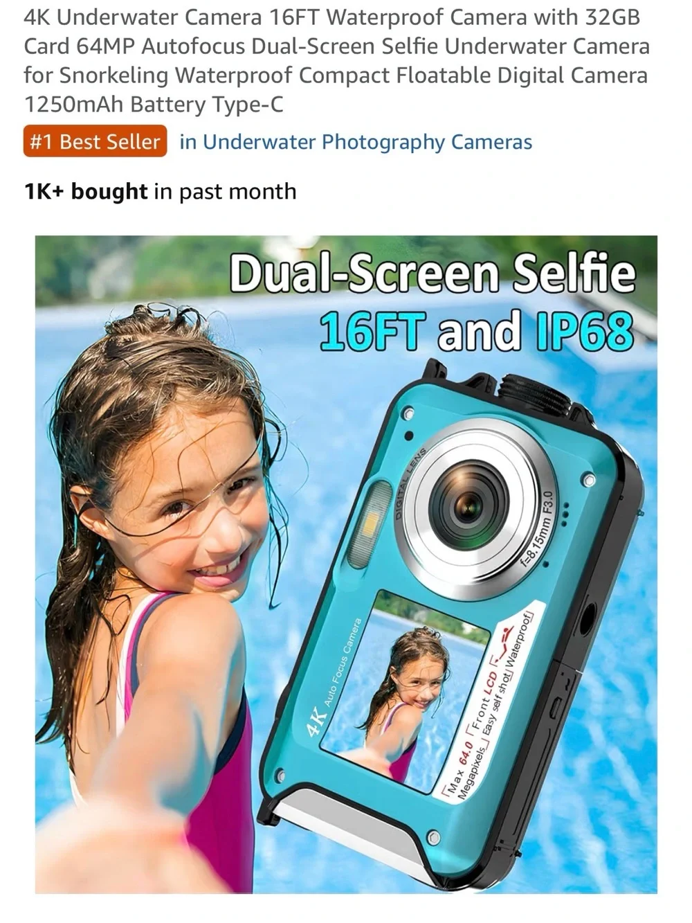 4K Waterproof Underwater Camera - Blue | 64MP Autofocus, Dual-Screen